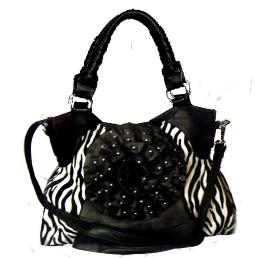 Black Faux Handbag Zebra Trimed Big Flower Studded